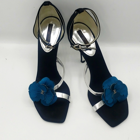 LOUIS VUITTON SIZE 39 OR US 9 COLOR BLACK SATIN SILVER LEATHER AQUA BLUE USED 2X - Picture 6 of 14
